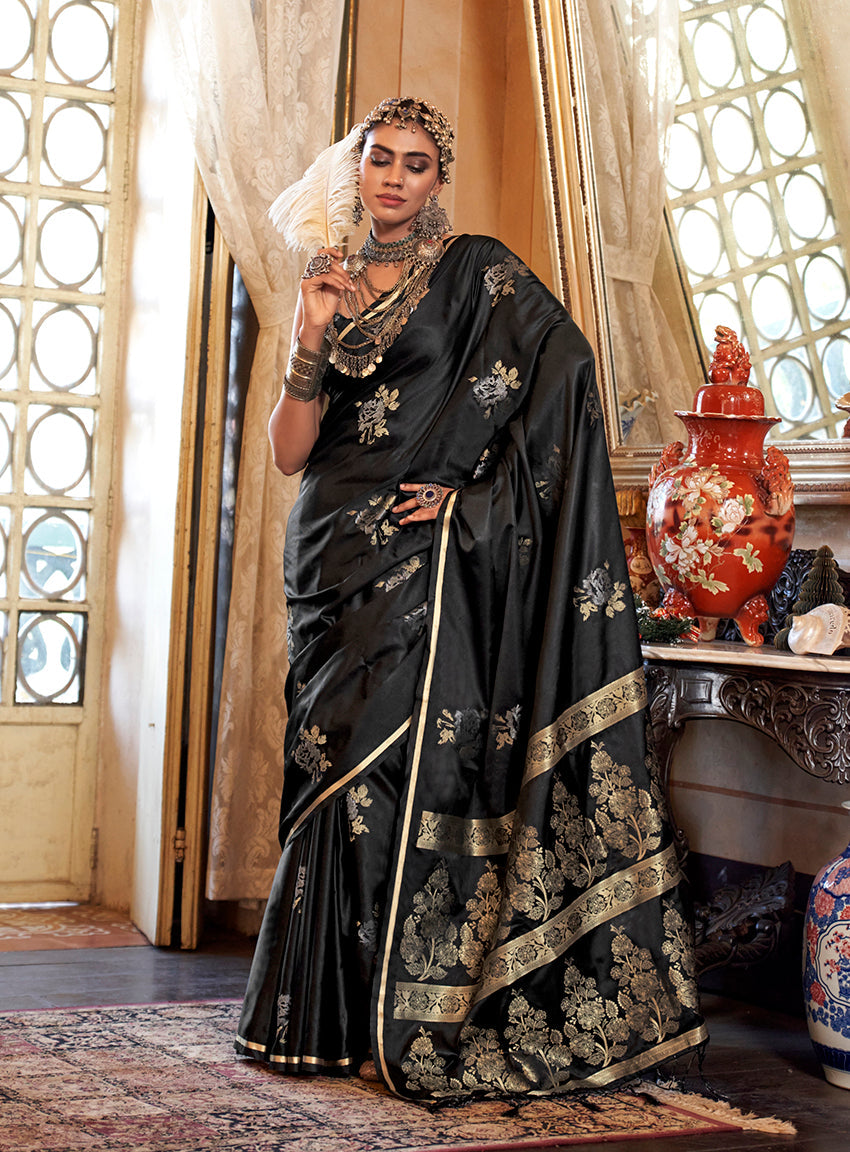 Luxurious Black satin silk saree with intricate weave detailing