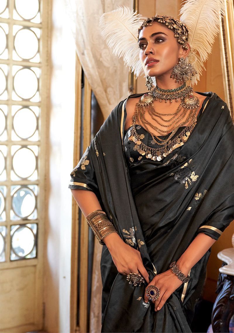 Black Satin Silk Saree with Intricate Weaving Design