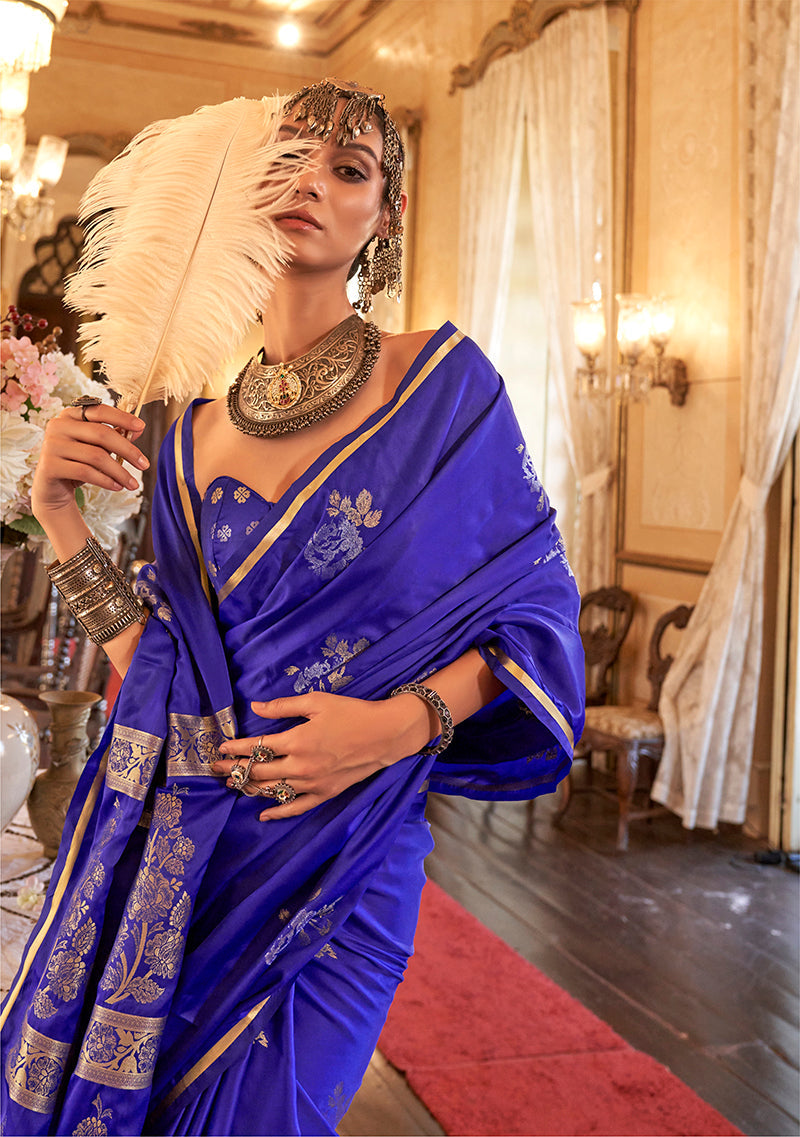Luxurious Indigo Satin Silk Saree with Intricate Weaving Design