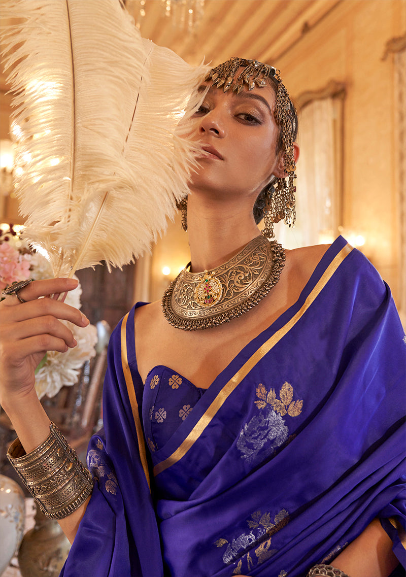 Luxurious Indigo Satin Silk Saree with Intricate Weaving Design