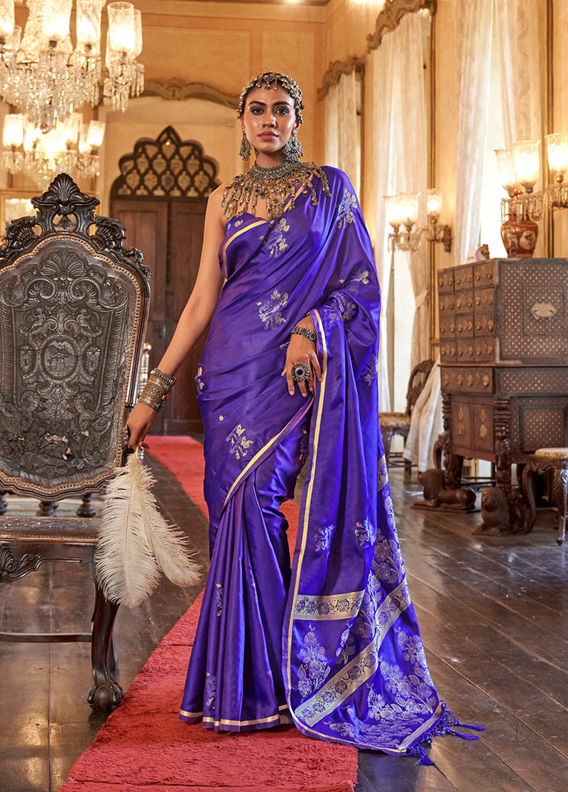 Royal Purple satin silk saree with detailed intricate weaving design