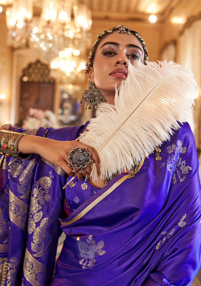 Royal Purple Satin Silk Saree with Intricate Weaving Design