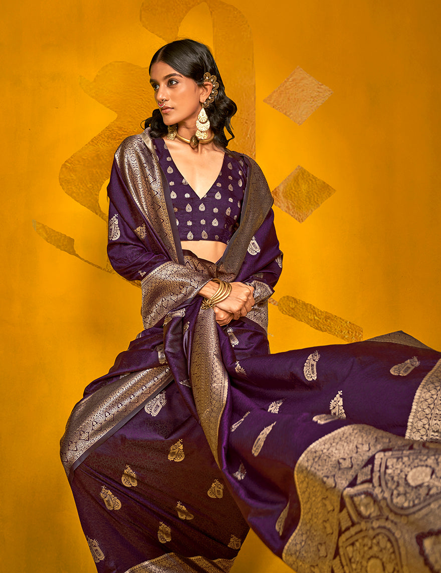 Dark Purple Silk Saree with Fine Zari Weave and Two-Toned Finish