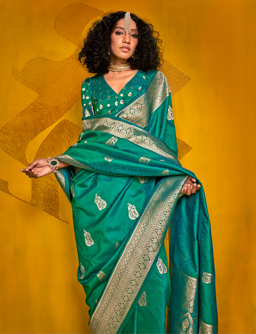Turquoise Silk Saree with Elegant Zari Weave and Two-Toned Effect