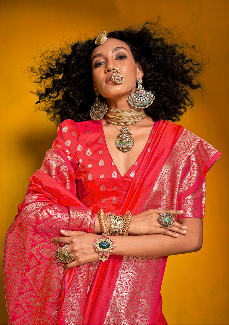Monjolika Fashion Charming Bright Red Color Silk Saree With Fine Zari Weave
