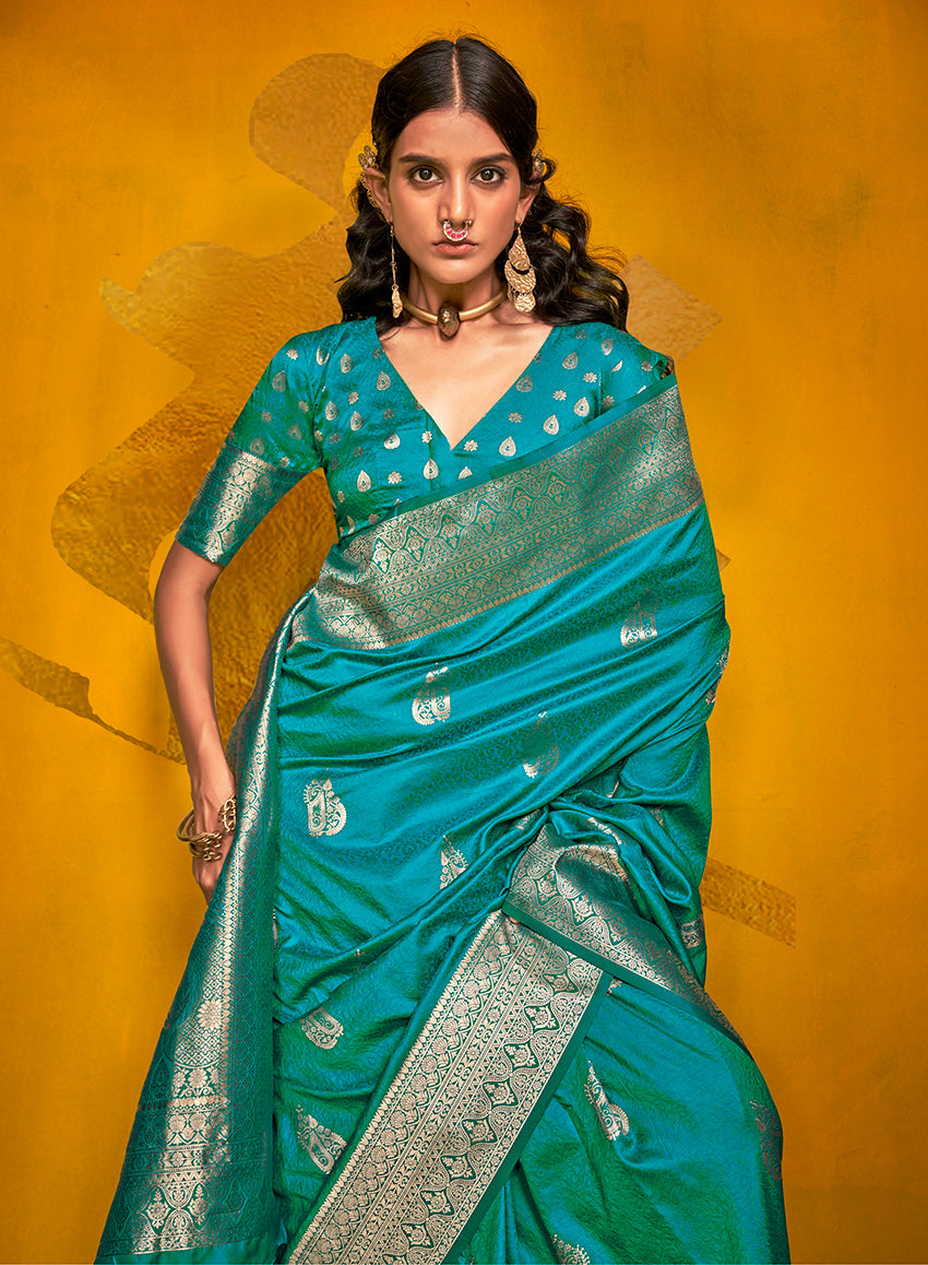Charming Cyan Silk Saree with Fine Zari Weave for Formal Events