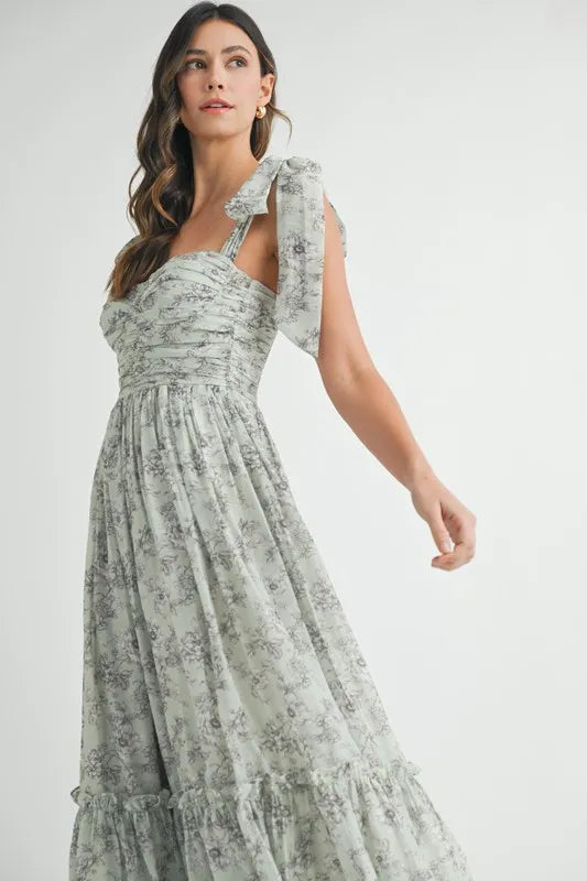 Floral Bust Ruched Midi Dress with Shoulder Tie