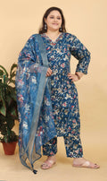Blue Lichi Viscose salwar suit with floral patterns and hand work detailing