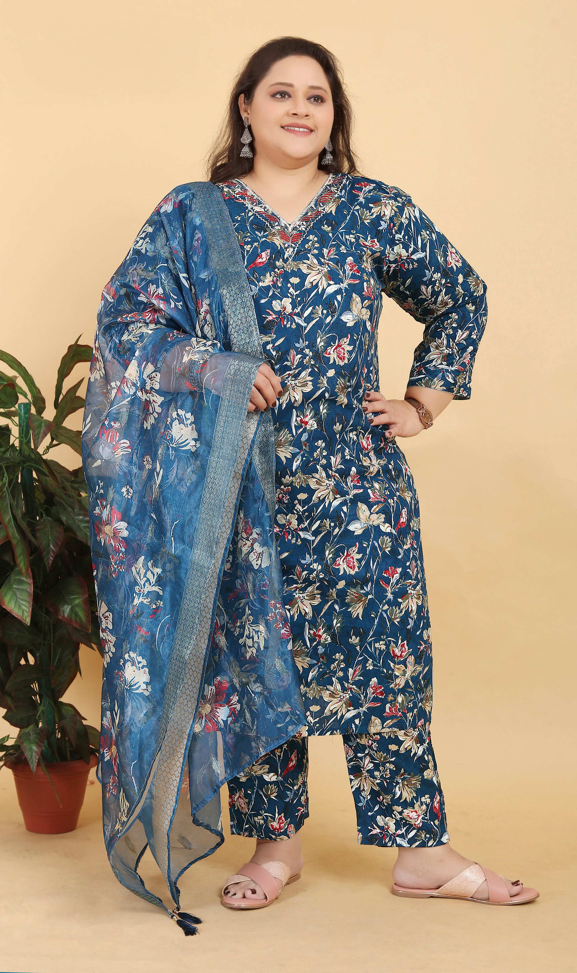 Blue Lichi Viscose salwar suit with floral patterns and hand work detailing