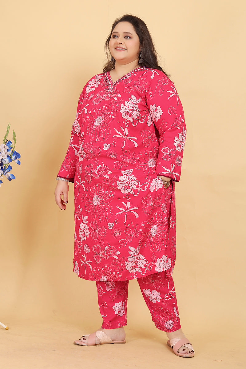 Pink Premium Rayon Hand Work Salwar Suit with Floral Print