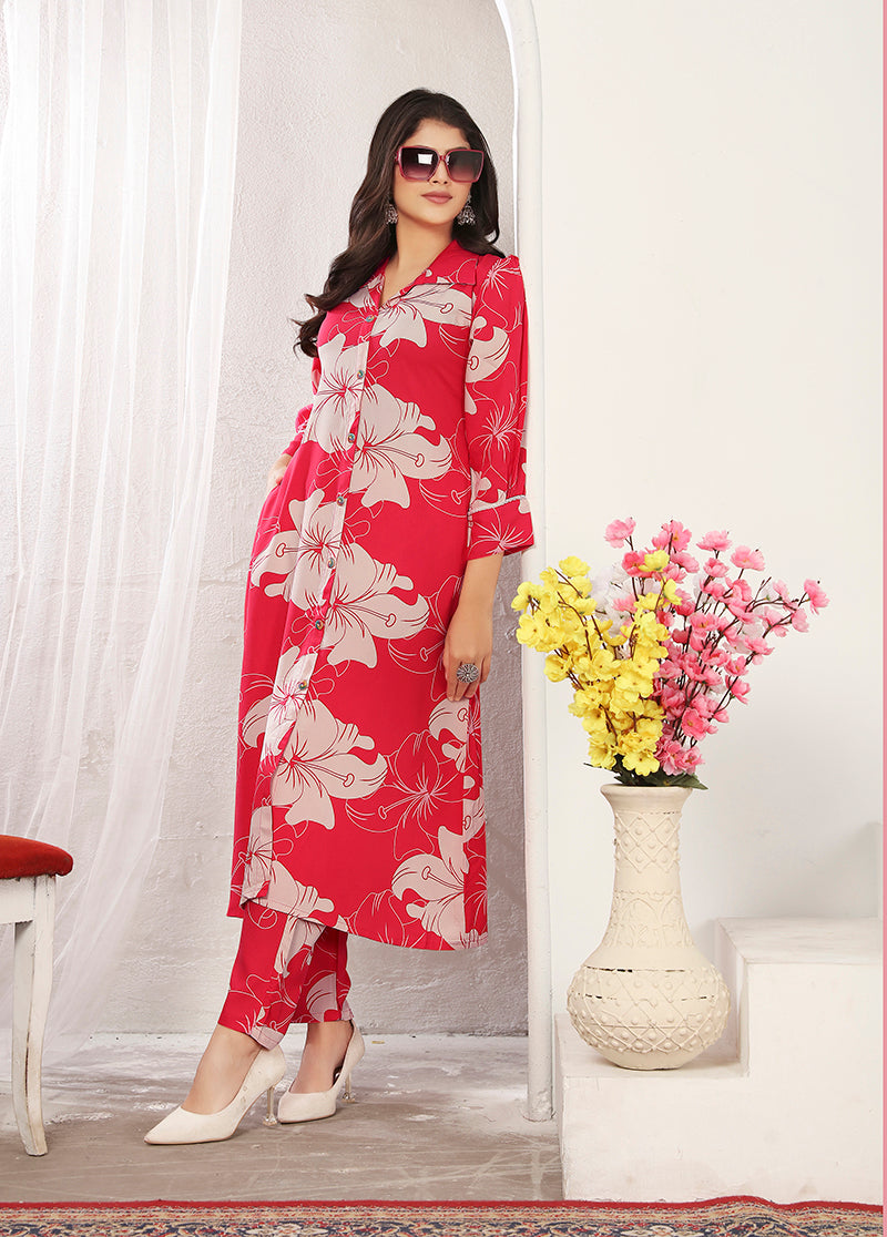 Red Floral Printed Rayon Kurti and Pant Co-Ord Set