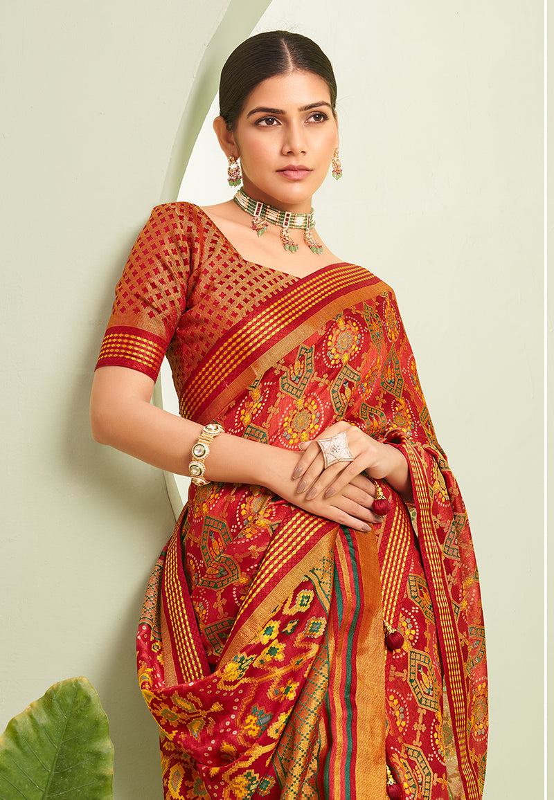Red Ceremonial Paisley Print Georgette Saree for Festive Wear