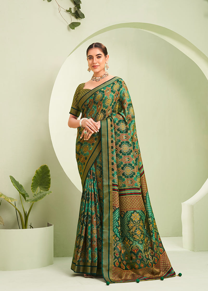 Green ceremonial georgette designer saree with classic paisley print