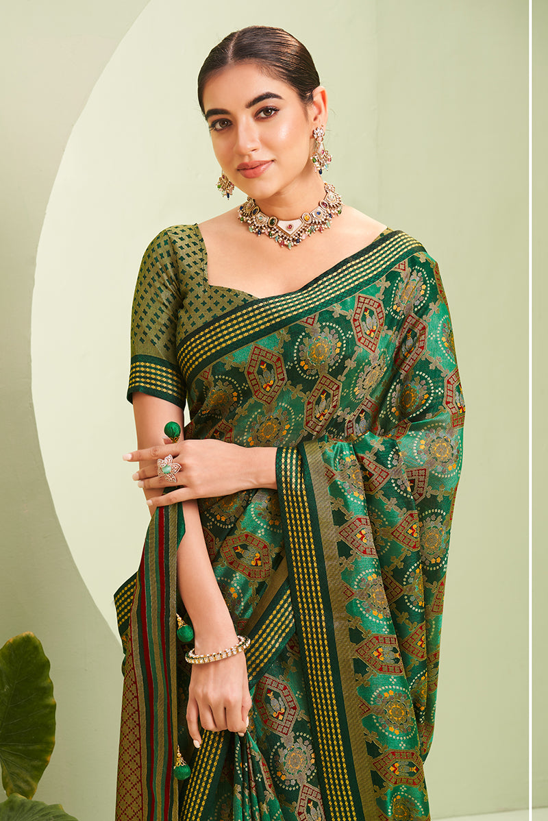 Green Ceremonial Georgette Paisley Printed Designer Saree