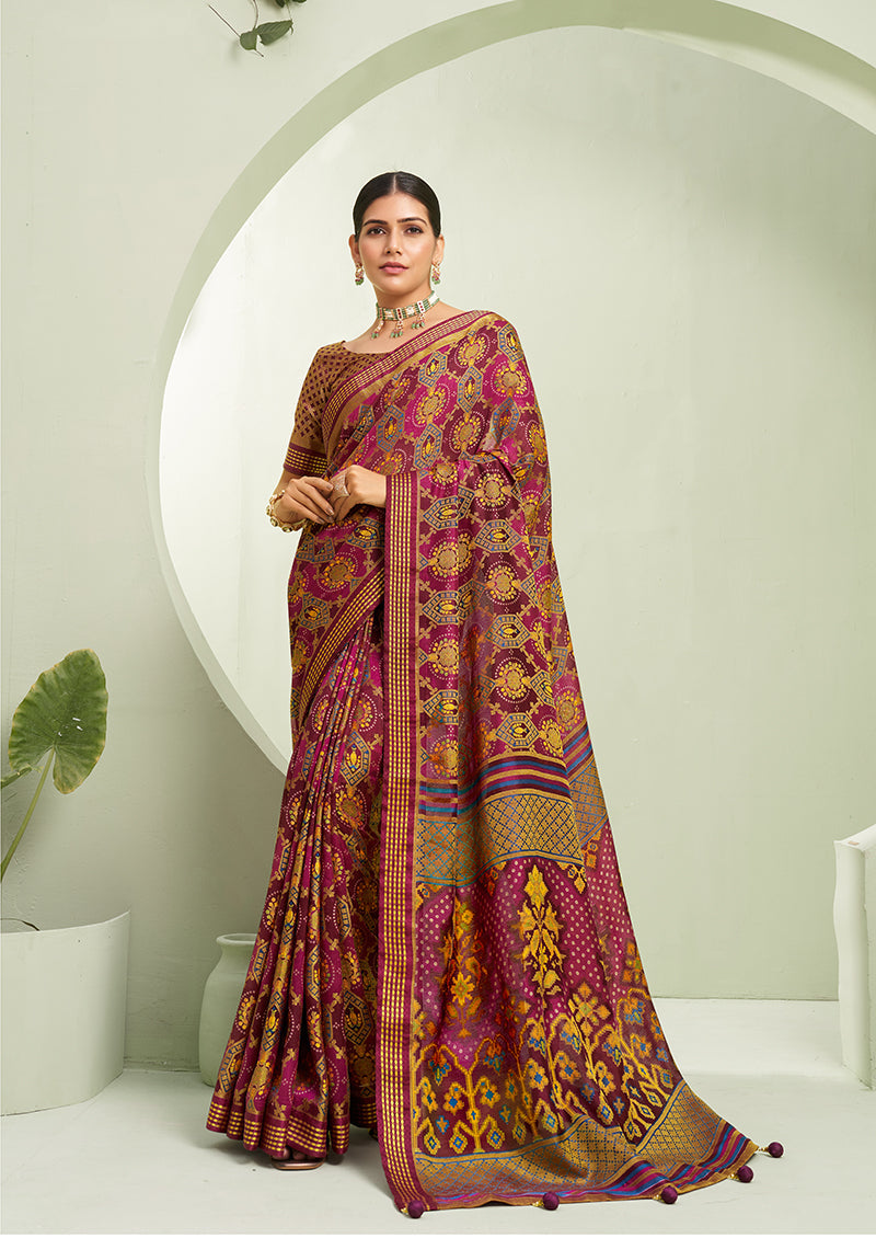 Purple georgette saree featuring intricate paisley prints