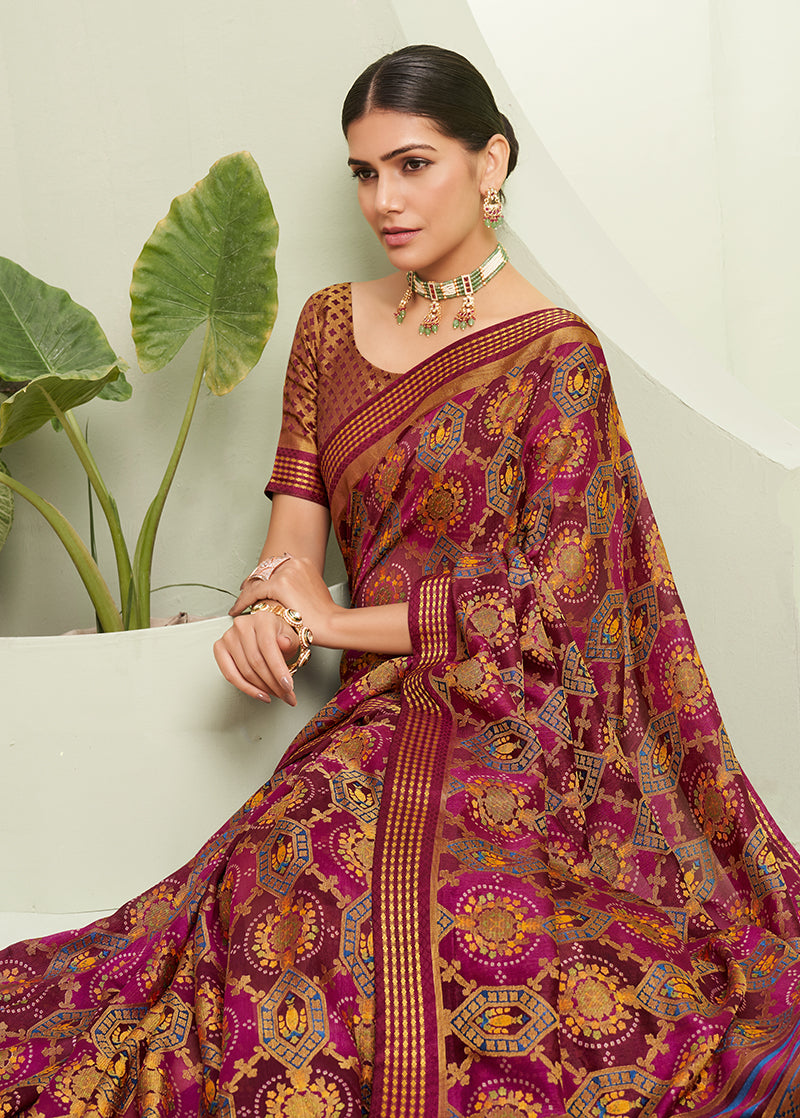 Purple Paisley Printed Georgette Designer Saree for Ceremonies