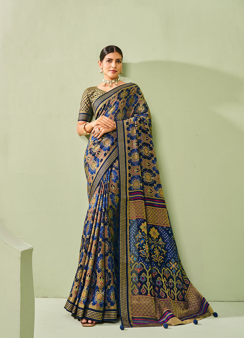 Navy blue georgette designer saree with classic paisley print patterns