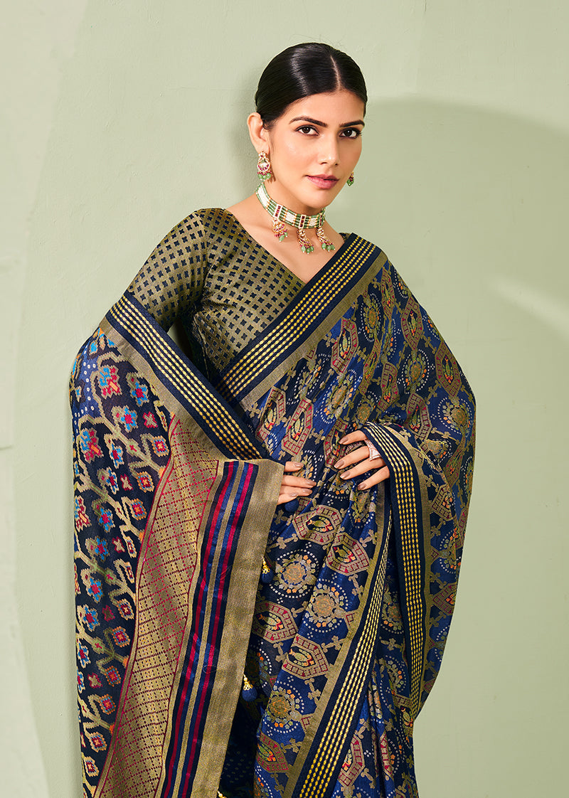 Navy Blue Paisley Print Georgette Designer Saree