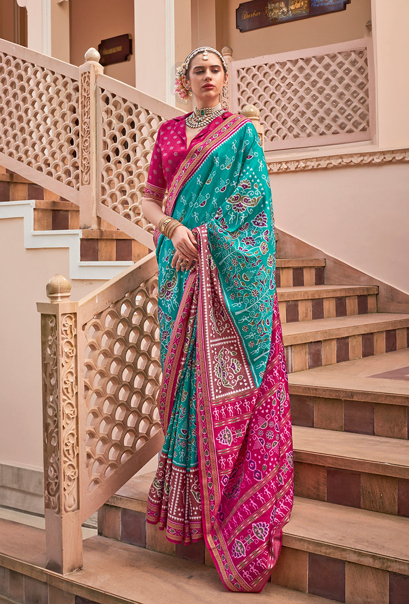 Turquoise printed silk saree with classic design