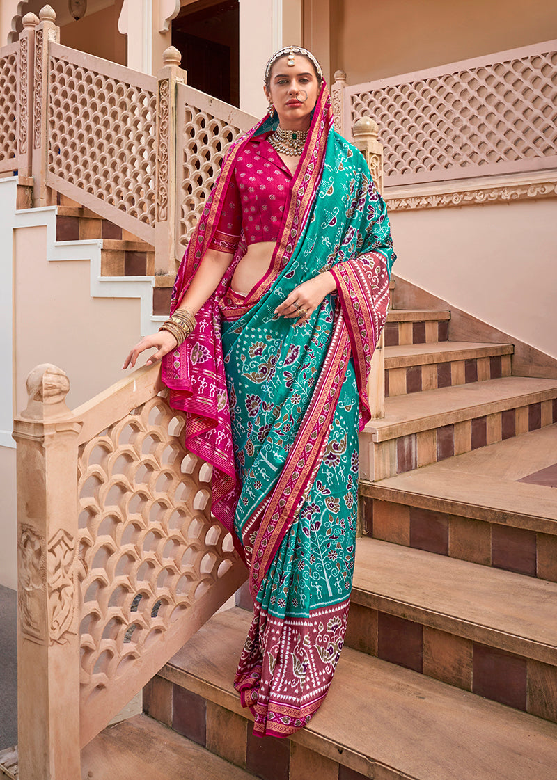 Turquoise Printed Silk Classic Saree for Parties