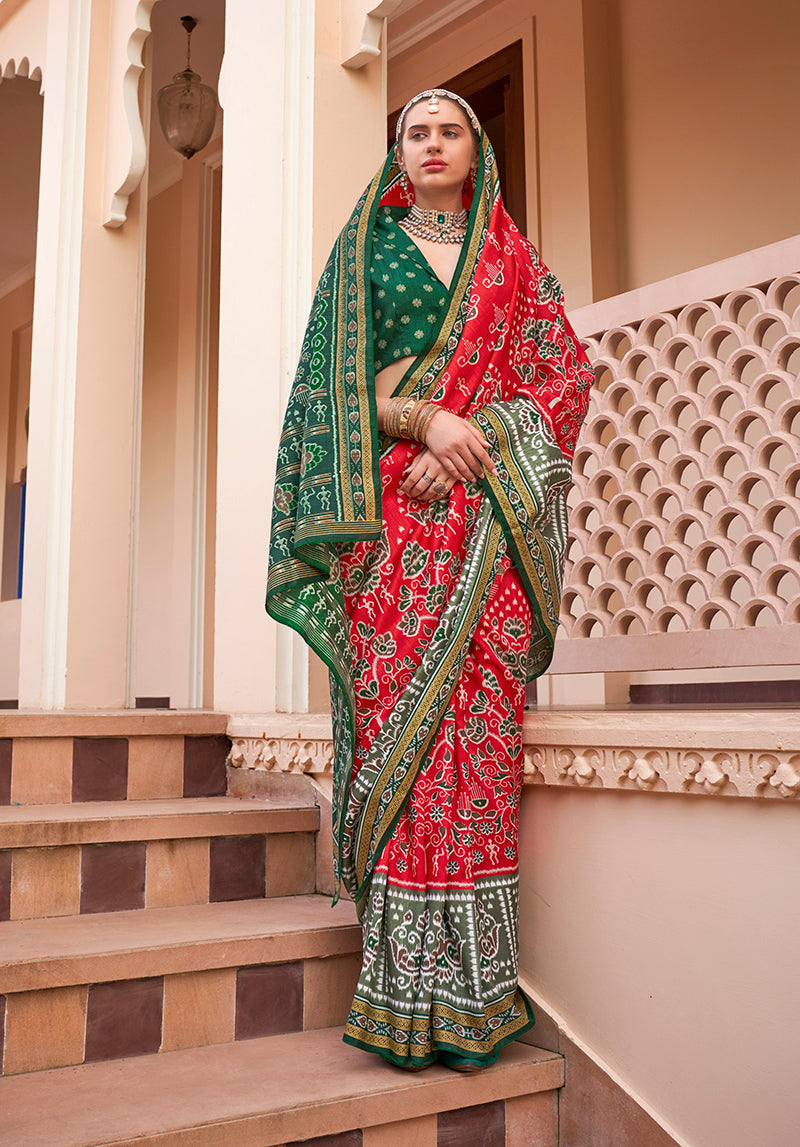 Red Printed Silk Classic Saree for Festive Occasions