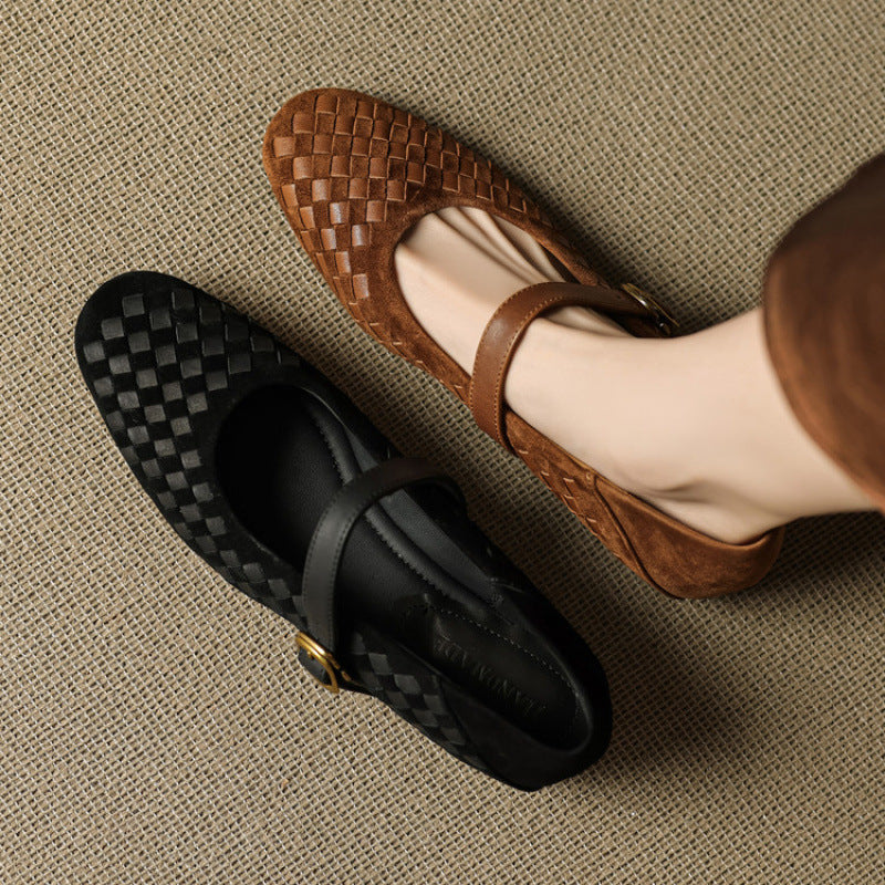 Woven Brown Sheepskin Mary Jane Flats with Single Buckle Strap