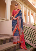 Elegant navy blue silk printed saree perfect for evening parties