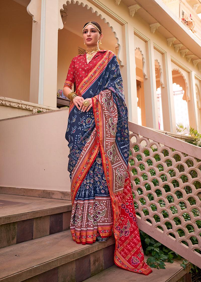 Elegant navy blue silk printed saree perfect for evening parties