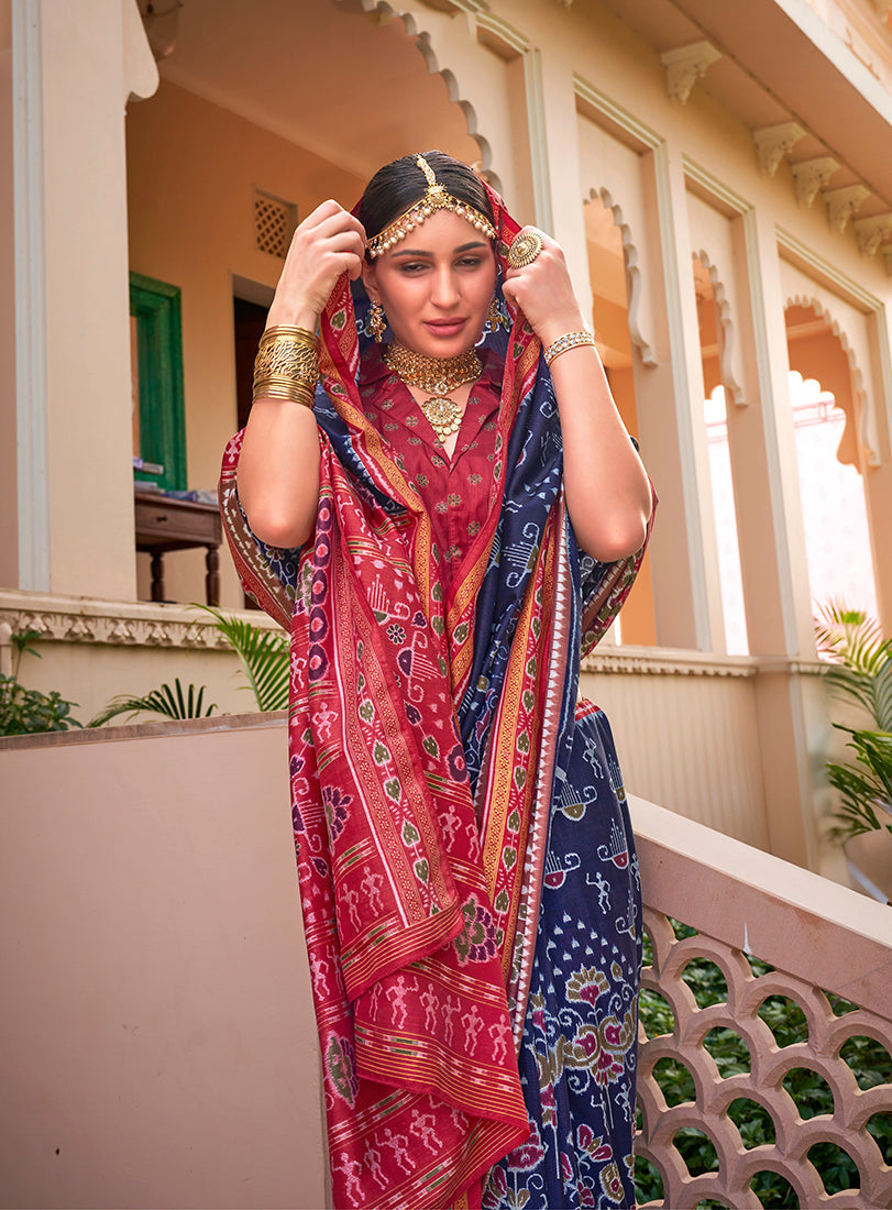 Navy Blue Printed Silk Classic Saree for Parties