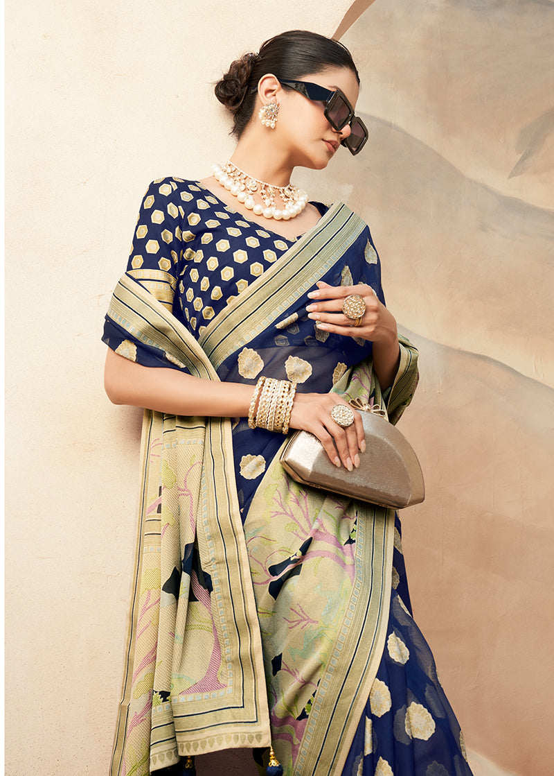 Navy Blue Georgette Zari Printed Classic Saree