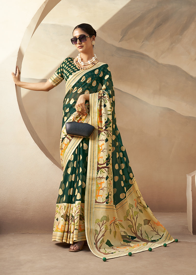 Monjolika Fashion Dark Green Georgette Weaving Zari Printed Classic Saree
