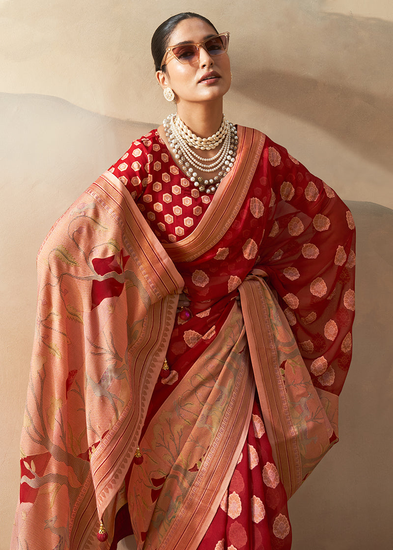 Red Georgette Zari Printed Classic Saree for Women