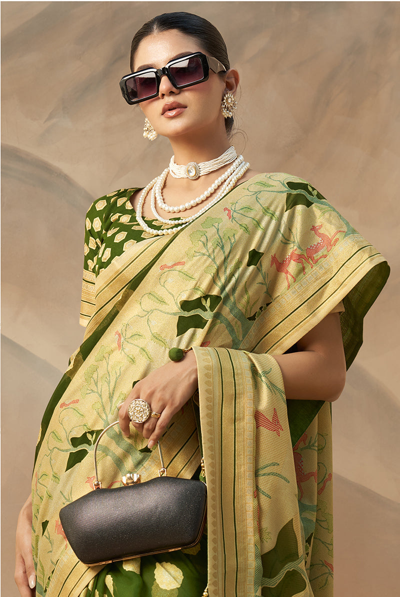 Green Georgette Weaving Zari Printed Classic Saree