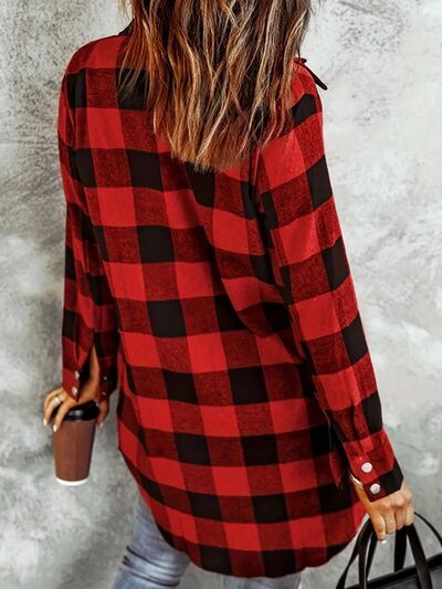 Deep Red Plaid Collared Snap-Down Jacket with Pockets