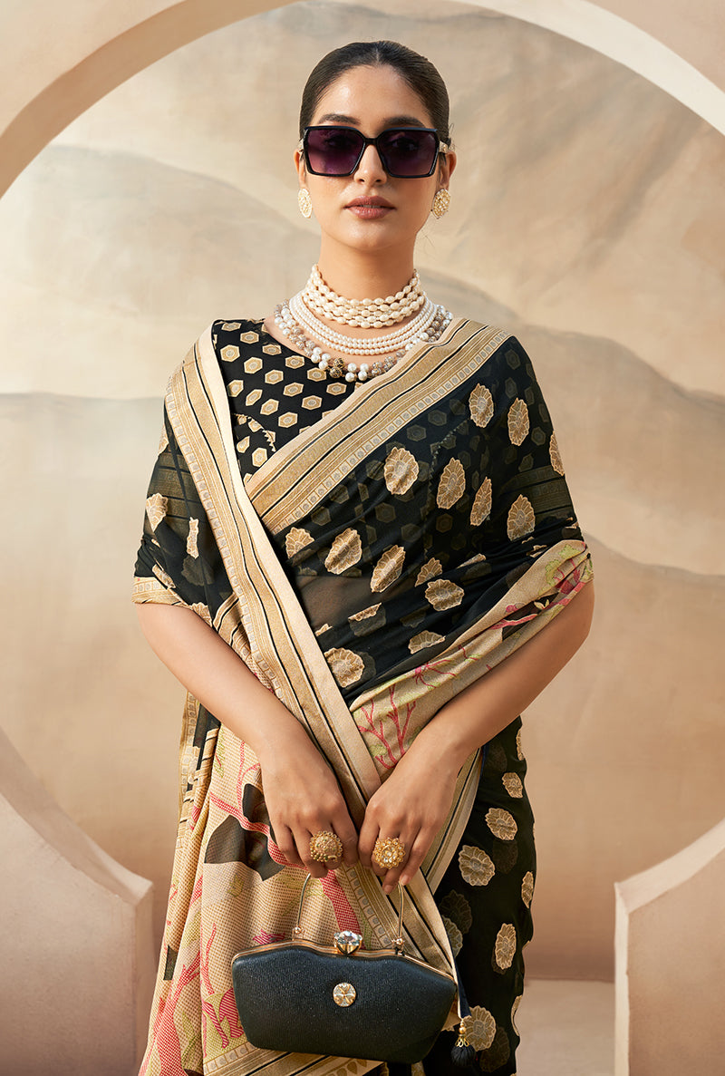 Black Georgette Saree with Traditional Weaving Zari Print