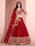 Red designer lehenga choli with intricate embroidery and art silk fabric