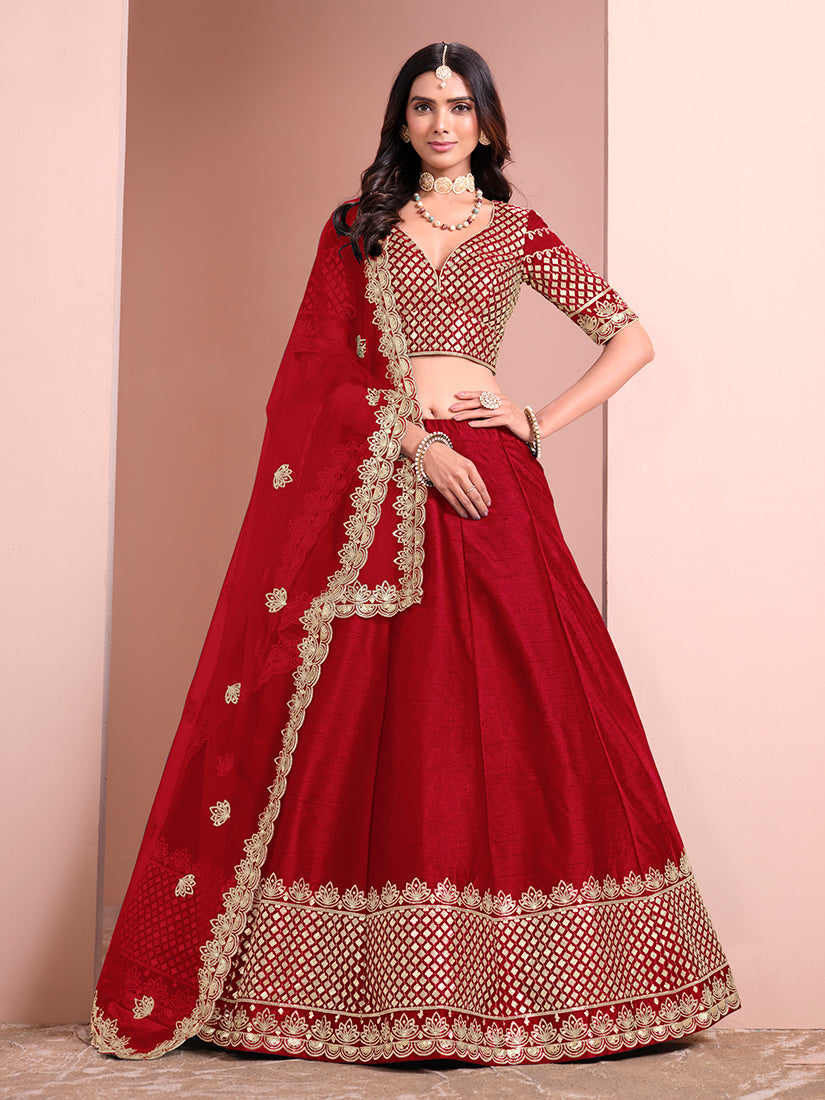 Red designer lehenga choli with intricate embroidery and art silk fabric