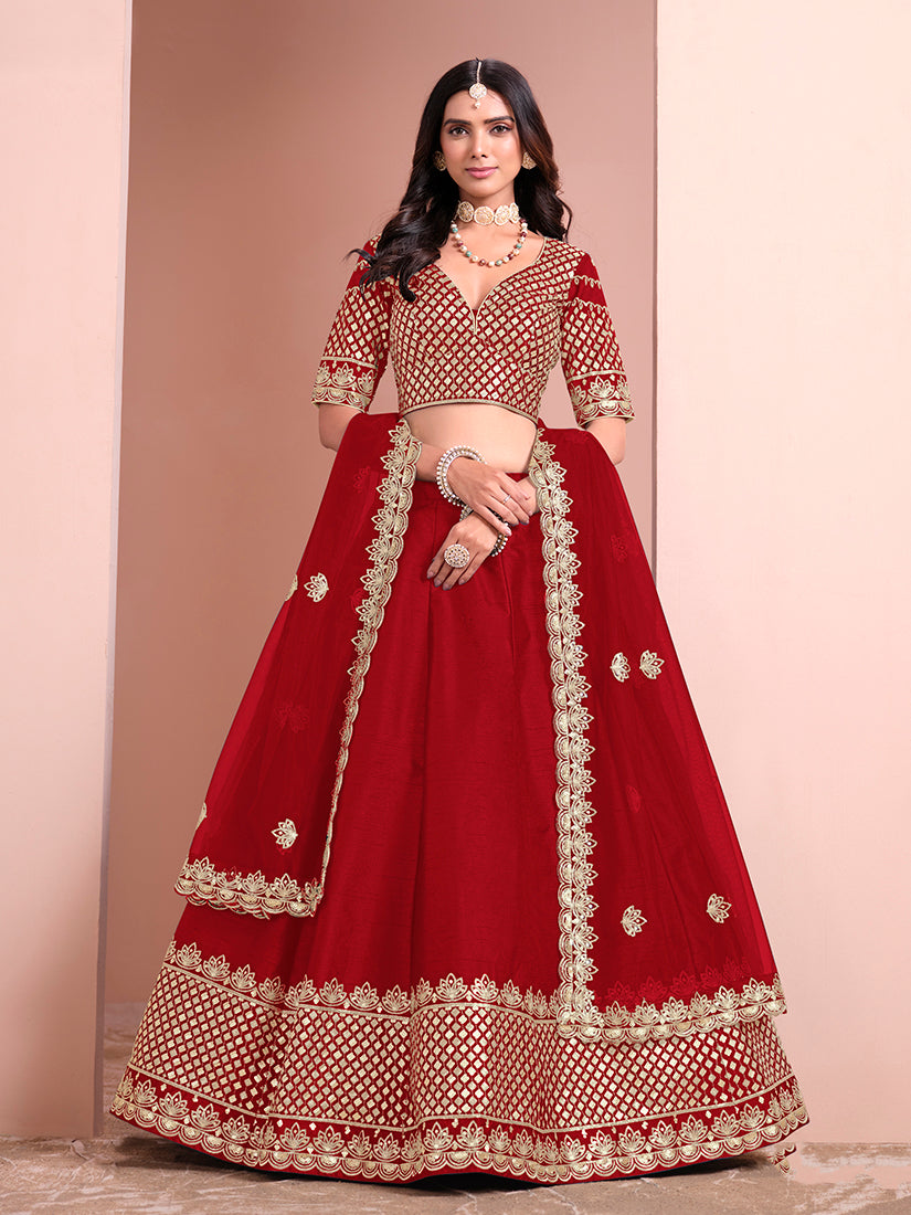 Red Embroidered Art Silk Designer Lehenga Choli for Party Wear