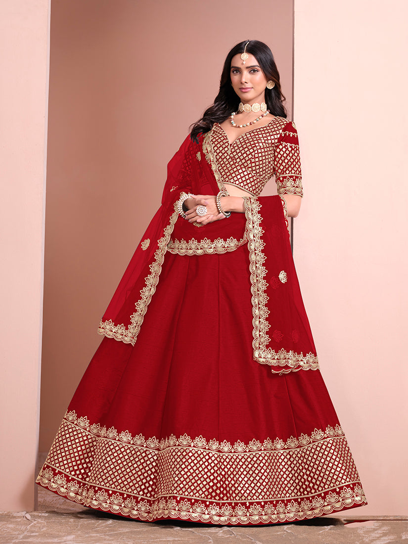 Red Embroidered Art Silk Designer Lehenga Choli for Party Wear