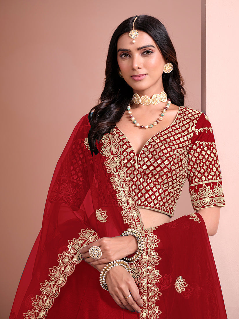 Red Embroidered Art Silk Designer Lehenga Choli for Party Wear