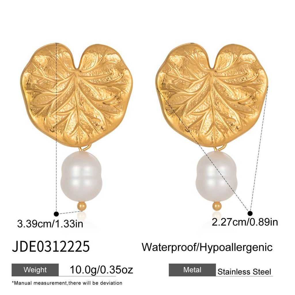 Freshwater Pearl Lotus Drop Earrings in Gold Stainless Steel