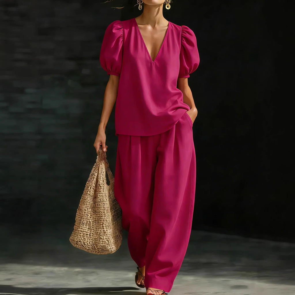 Women's V-Neck Puff Sleeve Top and Wide Leg Trouser Set - Image 3