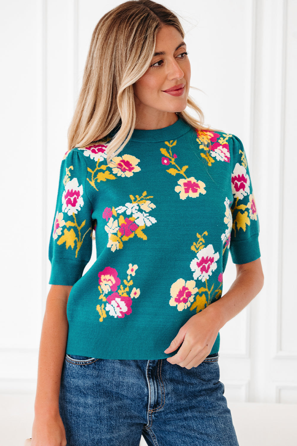 Floral Knit Crewneck Short Sleeve Top