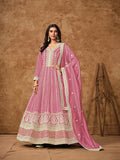 Front view of a pink embroidered pure-dola silk gown style salwar suit