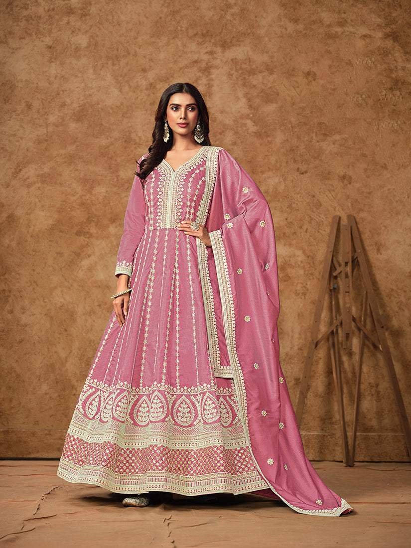 Front view of a pink embroidered pure-dola silk gown style salwar suit