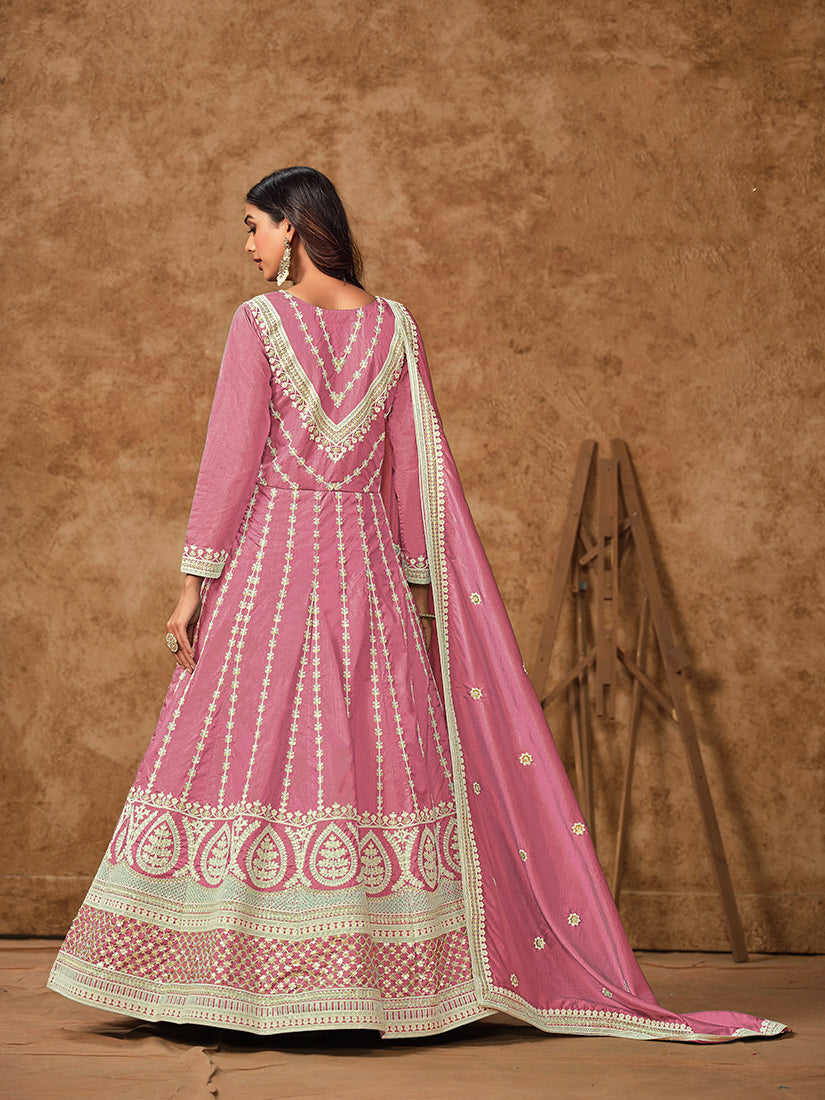Pink Embroidered Pure-Dola Silk Gown Style Salwar Suit
