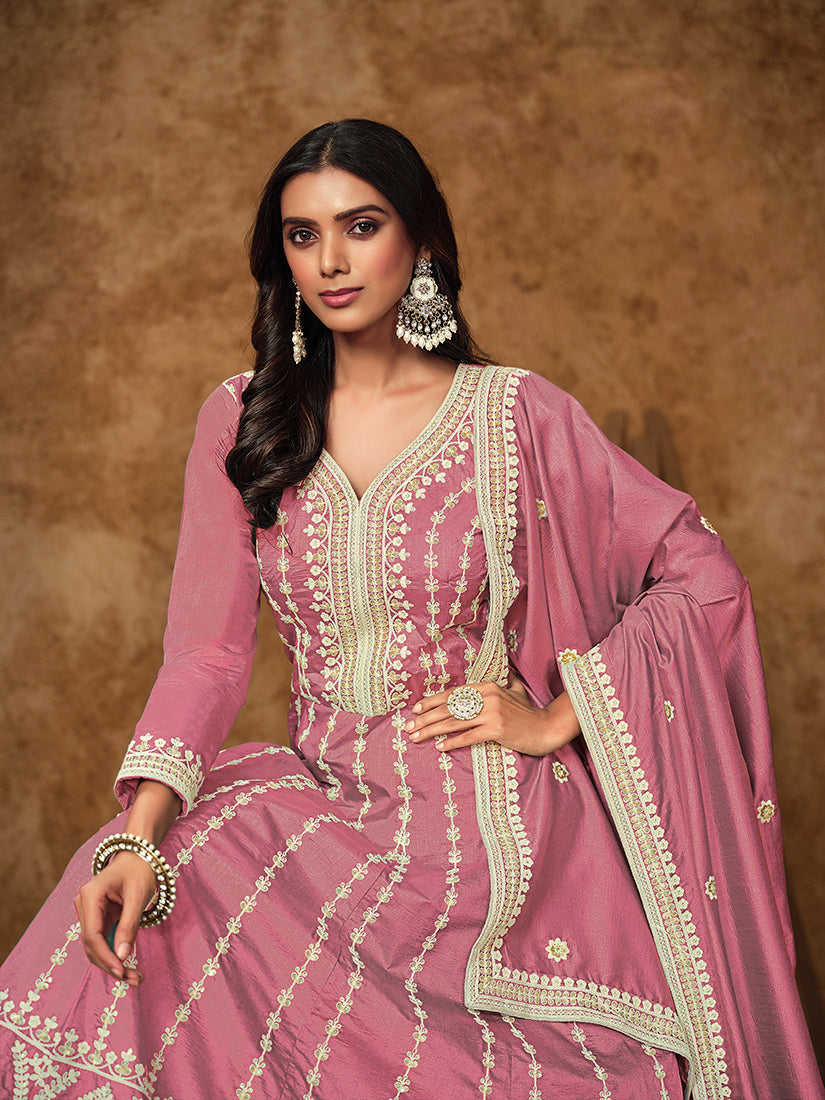 Pink Embroidered Pure-Dola Silk Gown Style Salwar Suit