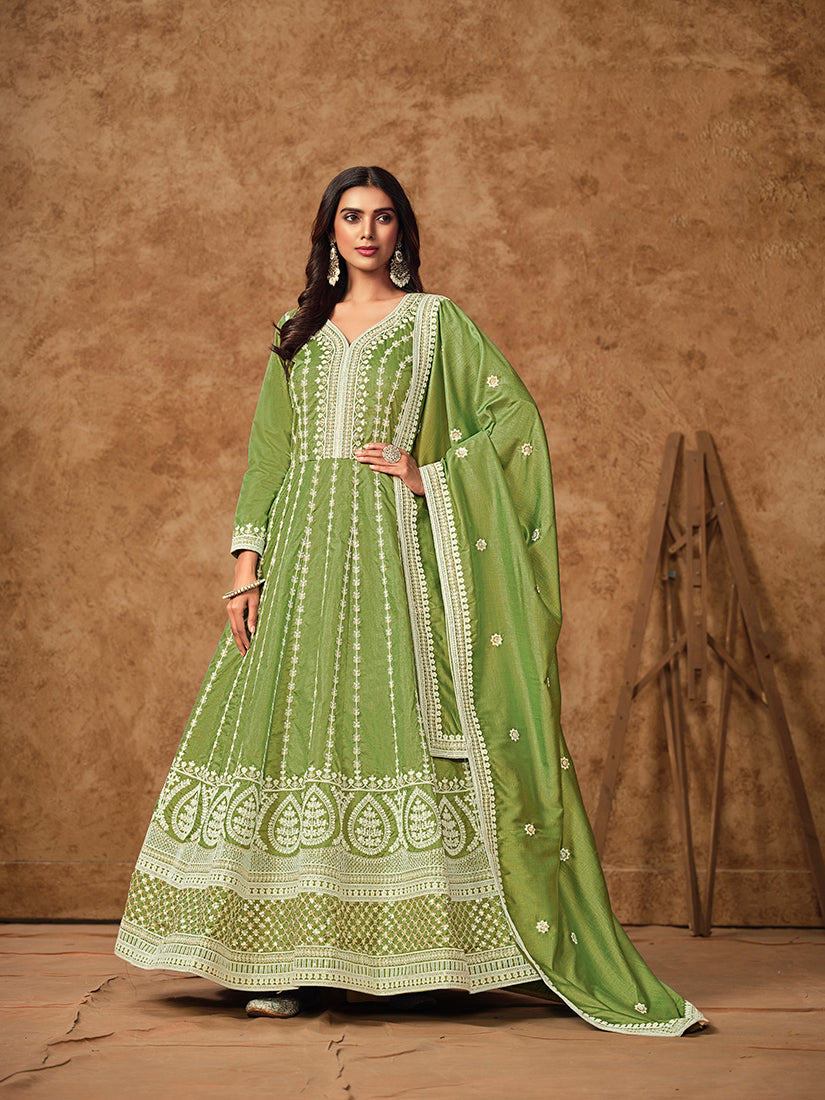 Green embroidered Dola silk salwar suit with elegant embroidery details