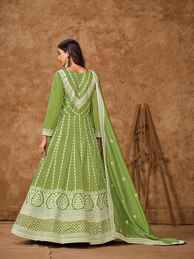 Green Embroidered Dola Silk Salwar Suit with Santoon Lining