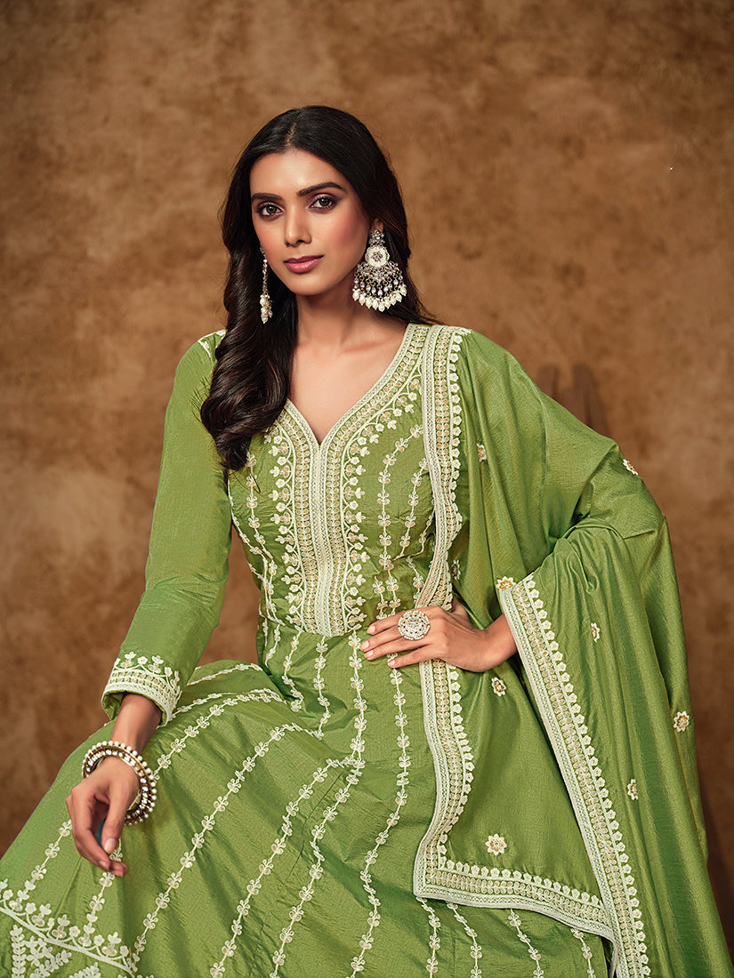 Green Embroidered Dola Silk Salwar Suit with Santoon Lining